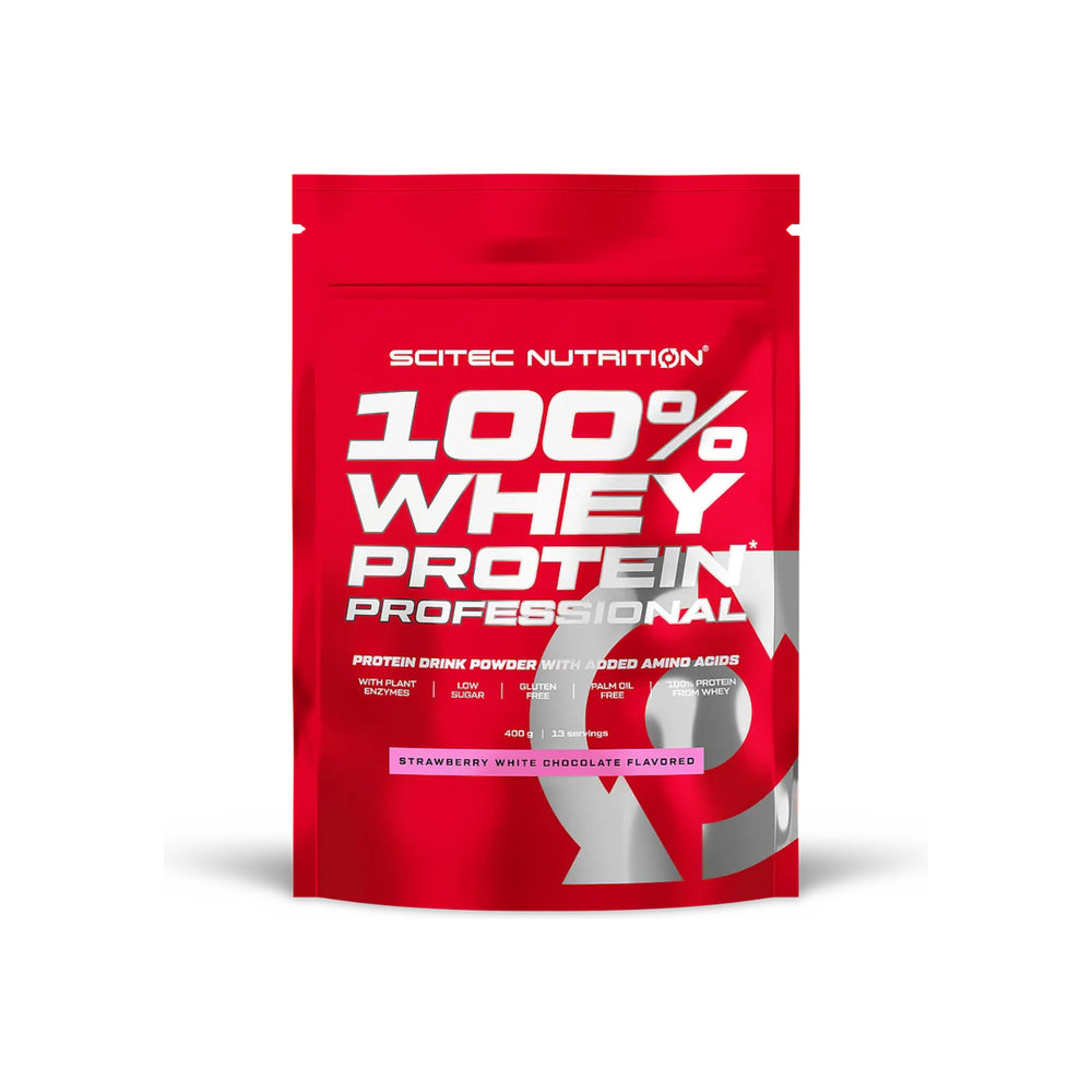 100% Whey Protein Professional Scitec Nutrition 400 g Morango e Chocolate Branco – frente da embalagem