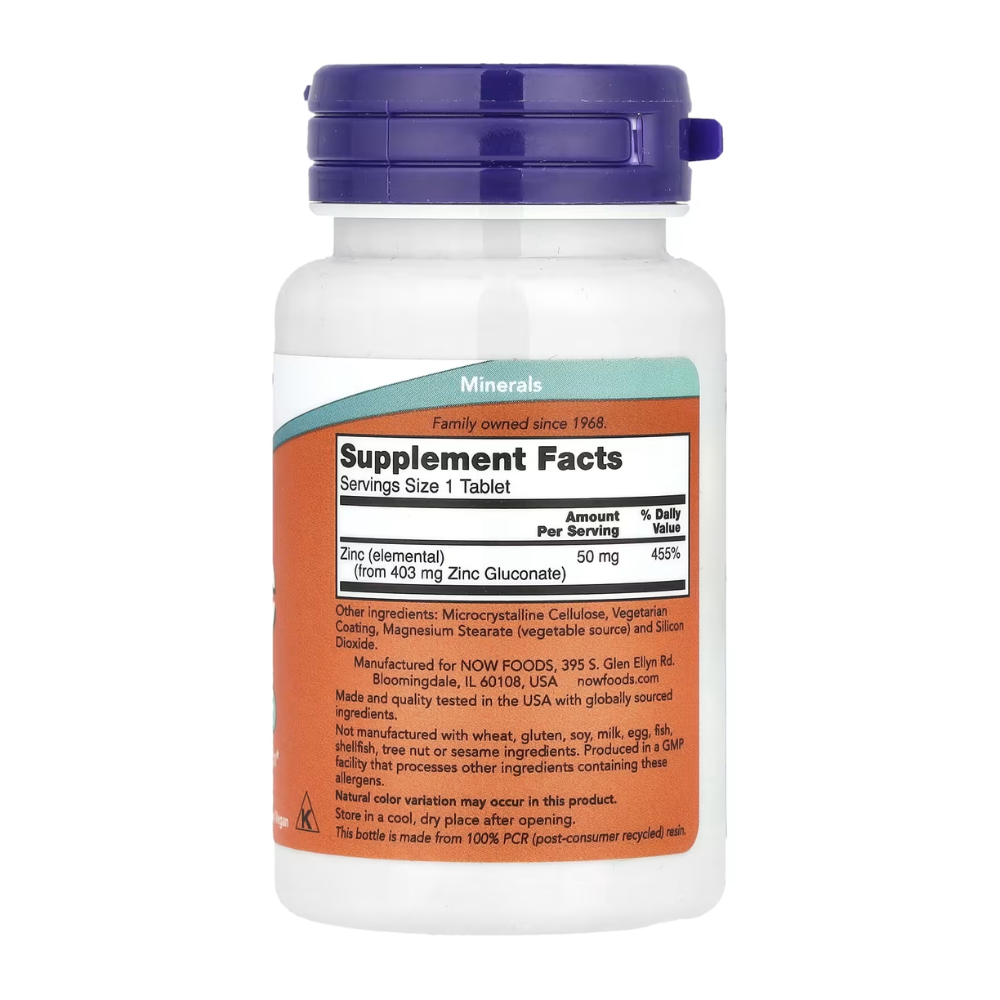 Zinco 50mg – NOW Foods – 100 Comprimidos - Minerais