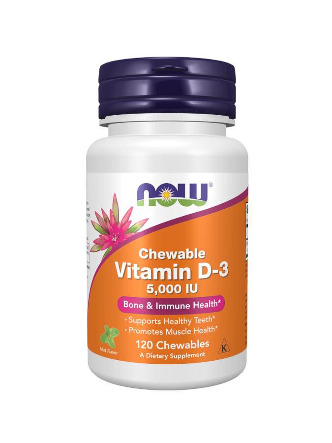 Vitamina D3 5000IU – NOW Foods – 120 Pastilhas Mastigáveis